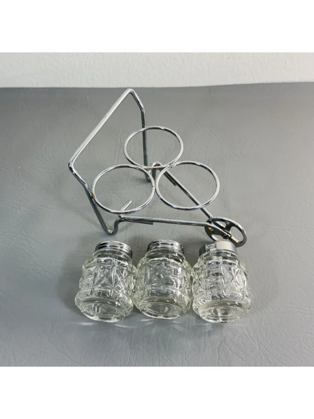 Mid Century Diamond Cut Glass Cruet Caddy Set Novelty Chrome Wheelbarrow 6